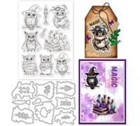 GLOBLELAND Ensemble de Tampons Transparents et de Matrices de Découpe Magic Owl pour Cartes Bouteille de Potion Bougie Tampon en Silicone Chapeau de Sorcière en Métal Découpes pour Scrapbooking