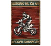 GLOBLELAND "Everything will kill you" so choose something fun" Plaque en Métal Vintage 8x12 Pouces Moto Squelette Rétro Rétro Art Mural Peinture Plaque pour la Maison Bar Café Cuisine Restaurant