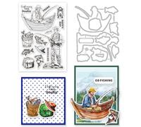 GLOBLELAND Go Fishing Clear Stamps Man Fish Lamp Frame Cutting Dies Set Set de Matrices de Découpe en Silicone Transparent pour la Fabrication de Cartes et le Bricolage le Gaufrage le Scrapbooking