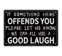 GLOBLELAND "If Something Here Offends You Please Let Us Know" Vintage Plaque de Fer en Métal Affiche 12x8pouces Rétro Métal Mur Étain Signes pour Bar Café Boutique Restaurant Club Décoration