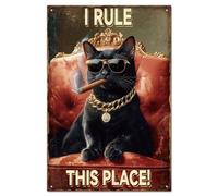 GLOBLELAND " Je Gouverne Cet Endroit! " Plaque en Étain Black Cat Boss Plaque en Métal Vintage en Étain 12x8pouces Décoration Murale Amusante pour la Maison la Ferme le Bar le Café le Club