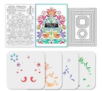 GLOBLELAND Lot de 10 tampons D'Arrière Plan pour Étiquettes à Motifs D'Art Populaire Cadre Rectangulaire en Métal Découpes de Couleurs Superposition de Fleurs de Mandala Peinture PET Pochoirs