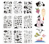 GLOBLELAND Lot de 9 feuilles de tampons transparents en silicone de style oriental pour la fabrication de cartes et le scrapbooking (panda, grues rouges, sushis, geisha, éventail, nuage, lanterne)