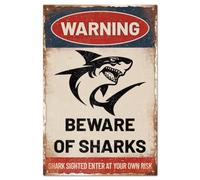 GLOBLELAND Panneau D'Avertissement en Métal "Warning: Beware of Sharks" 12x8pouces Plaque en Métal Sarcastique Drôle Décoration Murale pour Jardin Maison Cuisine Bar Club Café