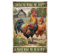 GLOBLELAND Panneau en Métal Amusant avec Inscription "Chickens Make Me Happy Humans Make My Head Hurt" Plaque Artistique Coq et Poule Métal Tin Signes Décoration Murale pour Extérieur Cour Jardin