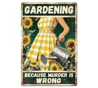 GLOBLELAND Panneau en Métal de Tournesol Garden Lady "GARDENING BECAUSE MURDER IS WRONG" Peinture Vintage en Étain Plaque D'Art Mural Rétro Affiche pour la Maison le Bureau le Bar le Club de Jardin
