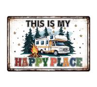 GLOBLELAND Panneau Métallique de Camping avec Feu de Camp pour Camping Car dans un Style Vintage Affiche Murale en Étain "Happy Space" pour Camping Cabane Salon Chambre Patio Jardin Véranda Cuisine