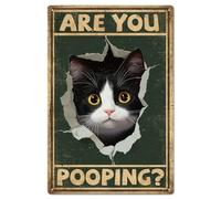 GLOBLELAND Plaque en Métal avec Trou pour Chat 8x12pouces Vintage " Êtes Vous en Train de Faire Caca " Peinture Plaque Murale pour Salle de Bain Chambre D'Amoureux des Chats Salon Bureau