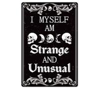 GLOBLELAND Plaque en Métal Gothique avec Crâne "I Myself Am Strange And Unusual" Mots Drôles Peinture Vintage Panneau en Tin 12x8 pouces Art Rétro pour Décoration de Maison Bureau Bar Club Halloween