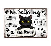 GLOBLELAND Plaque en Métal Humoristique avec un Chat Noir (8x12pouces) « Démarchage Interdit » Style Vintage Décoration Murale pour Porte D'Entrée Porche Bureau Couloir Terrasse