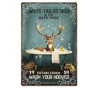 GLOBLELAND Plaque en Métal pour Baignoire de Cerf 8x12pouce Vintage "White-Tailed Deer & Bath Soap" Peinture en Étain Plaque Murale pour Salle de Bain Décor de Cabine Lodge Salon Lodge Chambre D'Amis