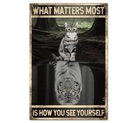 GLOBLELAND Plaque en Métal Vintage avec Chat Blanc et Tigre - Ce Qui Compte le Plus Est la Façon Dont Vous Vous Voyez - Plaque Murale Rétro - 8x12 piuce pour la Maison le Bar le Café le Club