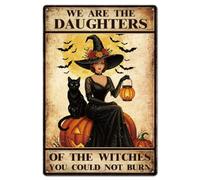 GLOBLELAND Plaque en Métal Vintage en Forme de Citrouille et de Sorcière pour Halloween 8x12pouces "We Are The Daughters" Décoration Murale pour Salon Cheminée Bureau Chambre à Coucher Table Basse