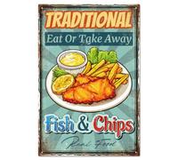GLOBLELAND Plaque en Métal Vintage " Fish Chips à Manger Ou à Emporter " 12x8pouces Poisson Frit et Frites Décoration Murale pour Bar Club Restaurant Café