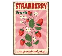 GLOBLELAND Plaque en Métal Vintage "Fresh Strawberries Always Sweet and Juicy" 8x12pouces Panneaux Décoratifs Muraux Rétro en Métal pour la Maison la Cuisine le Bar le Café le Club