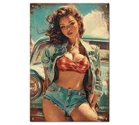 GLOBLELAND Plaque Métallique Vintage Pin Up Lady de 8x12 pouce Affiche D'Art de Voiture Classique Rétro pour la Décoration Murale de la Maison Salle de Bain Bars Pubs Cafés Clubs
