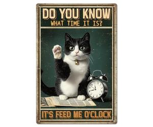 GLOBLELAND Réveil Chat Plaque en Métal 8x12in "It'S Feed Me O'Clock" Peinture Vintage Plaque Murale Affiche Plaque pour Cuisine Salle à Manger Chambre des Amoureux des Chats Café Salon