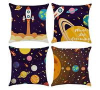 GLOBLELAND Space Planet Couvre Oreillers 45 x 45 cm Lot de 4 Système Solaire Univers Planète Image Décor Dessin Animé Espace Coussins Coussins Housse de Coussin pour la Décoration