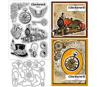 GLOBLELAND Tampons Transparents et Matrices de Découpe en Métal Style Steampunk Vintage : Tampon Transparent en Forme de Cœur et de Train Matrices de Découpe en Forme de Chapeau de Gentleman