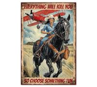 GLOBLELAND "Tout Vous Tuera Alors Choisissez Quelque Chose D'Amusant" Plaque en Métal Vintage Représentant un Cheval La fille à la vache Décor Murale pour Bar Club Restaurant Café