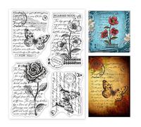 GLOBLELAND Vintage Sketch Papillon Rose Coquelicots Clear Stamps Lettres Manuscrites Silicone Clear Stamp Seals Fleurs Clear Stamps For Cards Making DIY Scrapbooking Photo Journal Album Décoration
