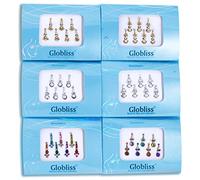 Globliss Lot de 6 paquets de 42 longues pierres précieuses indiennes pour le front - Argenté, doré et coloré.