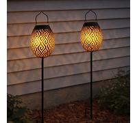 Lampe solaire enfichable Lampe de jardin Lampe à suspendre Lampe de table Résistante aux intempéries Piquet de terre Accu, métal doré noir, 1x LED blanc chaud, DxH 12,5x90cm, set de 2