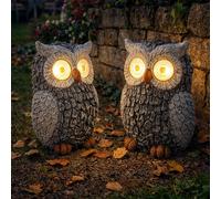 Sculpture de jardin hibou solaire pour l'extérieur sculpture de figurine de décoration de jardin batterie grise, plastique, 2x LED 3000K, LxlxH 13,5x11,5x19,5 cm, lot de 2