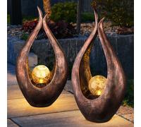 Décoration de jardin LED lampe solaire sculpture bronze lumière décorative lampe d'extérieur, boule de verre cassée 26,5 x 50 x 13 cm, lot de 2