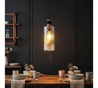 Globo Lampe Suspendue Métal Noir Mat Bois Marron Verre Fumé H 150cm