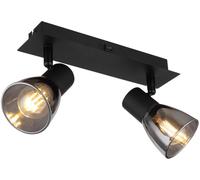 Plafonnier lampe de salon bois métal verre 2 lampes noir mat interrupteur à bascule