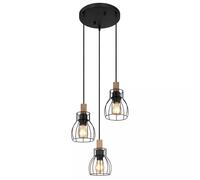 Suspension vintage lampe de table à manger en bois rétro suspension cage écrans, métal marron noir, douilles 3x E27, DxH 35,5x120 cm