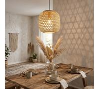 Lampe à suspendre Plafonnier Salon Suspension en bambou aspect boho naturel, métal noir, 1x E27, DxH 23x135 cm