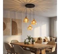 Globo Suspension LED 3 Lampes Noir Mat Verre Bois Hauteur 130 cm