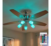 Ventilateur de plafond LED avec interrupteur à tirette dimmable par télécommande droite gauche 3 vitesses, changement de couleur RGB, 5x 4,8W 5x 470lm blanc chaud, DxH 130 x 49,5 cm