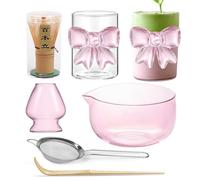GLocherify Ensemble de 6 bols à matcha en verre rose, fouet en bambou, tasse à café glacé avec nœud, cuillère, support, tamis, kit de démarrage à matcha pour matcha, latte, matcha, cérémonie du thé
