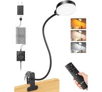 Glocusent 5W Lampe de Bureau LED avec 36 Perles, Col de Cygne Lampe Pince pour Lit pour 3 Couleurs et 5 Luminosité, CRI 90, Lampes de Lecture Parfaite (Noir avec Adaptateur et Télécommande)