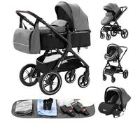 GLOKID Poussette 3 en 1, Avec Siège Auto, Poussette Canne, Poussette Bebe, Landau Bébé, Accessoires，Sac à couches, Housse de Pluie, Moustiquaire HX1 Gris