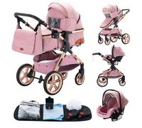 GLOKID Poussette 3 en 1, Avec Siège Auto, Poussette Canne, Poussette Bebe, Landau Bébé, Accessoires，Sac à couches, Housse de Pluie, Moustiquaire XX1 Rose