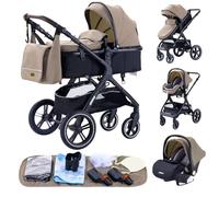 GLOKID Poussette 3 en 1, Avec Siège Auto, Poussette Canne, Poussette Bebe, Landau Bébé, Accessoires，Sac à couches, Housse de Pluie, Moustiquaire HX1 Kaki
