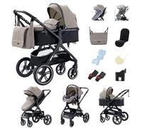 GLOKID Poussette 3 en 1 Pliable, avec Conception Pliable en Un Clic, système de voyage, Deux Façons de Pousser, Moustiquaire, Couvre-Pieds, Porte-Gobelet, pour nouveau-né jusqu'à 3 ans (LHX1 beige)