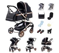 GLOKID Poussette 3 en 1 Pliable, avec Conception Pliable en Un Clic, système de voyage, Deux Façons de Pousser, Moustiquaire, Couvre-Pieds, Porte-Gobelet, pour nouveau-né jusqu'à 3 ans (H739 noir-or)