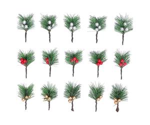 Glomora 15 Pcs Xmas Holly Berries Pine Needles Artificial Red Silver Gold Berries Pine Picks Holiday Decoration for Xmas Trees Tabletop Arrangements Floral Centerpieces Malls