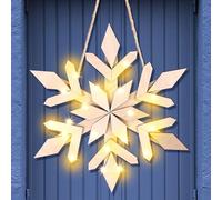 Glooglitter Panneau de porte en bois flocon de neige avec lumière LED - Couronne de flocons de neige pour porte d'entrée, mur, porche, décoration de fenêtre d'intérieur et d'extérieur (classique)