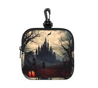 Gloomy Castle and Witch Pochette carrée à fermeture éclair avec impression intégrale, tissu en caoutchouc imperméable, léger et durable pour pièces de monnaie, cartes, clés