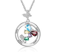 Glooraca Collier Papillon personnalisé avec 1-6 Noms et Pierres de Naissance simulées Collier Pendentif en Argent pour Femmes Filles Cadeau d'anniversaire de Noël pour la Saint-Valentin
