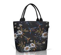 Gloppie Sac Isotherme Repas pour Femme,Sac à Déjeuner en Tissu Imperméable Portable pour Pique-Nique, Adultes, Enfants, Noir & Motifs Colibri
