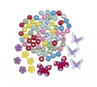 Glorex 6 1630 320 - Lot de 75 perles en bois avec fleurs et papillons - Couleurs assorties - Idéal pour la conception de bijoux, bracelets, colliers, accessoires et décoration