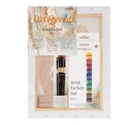 GLOREX Kit peinture acrylique avec toile 30x40 cm et accessoires | Kit complet avec Châssis 30 x 40 cm, 12 x 12 ml Peintures Acryliques, 4 Pinceaux Synthétiques et Palette en Bois 20 x 30 cm