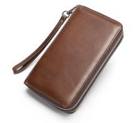 Glorixen Portefeuille long en cuir véritable pour homme Grande capacité Sac à main Sac à main Chéquier Argent Cartes de crédit Support de téléphone, marron
